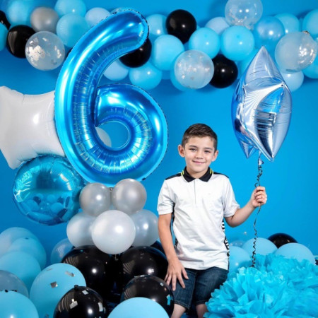 Balon din Folie Metalizata Cyrax, Figurina Cifra, Tema Aniversare 80 cm, Ambalaj Individual, Pai inclus, Umflare cu Aer sau Heliu, Albastru, Cifra 6