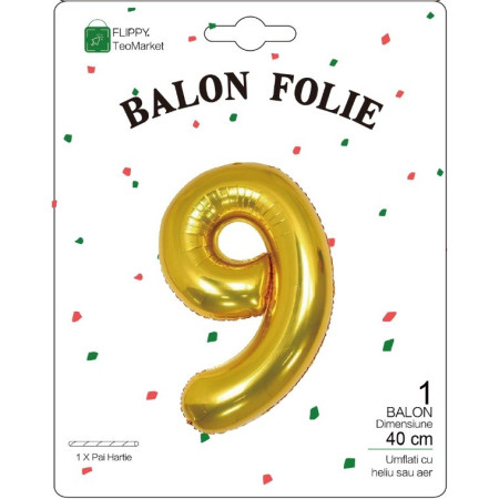 Balon din Folie Metalizata Cyrax, Figurina Cifra, Tema Aniversare 40 cm, Ambalaj Individual, Pai inclus, Umflare cu Aer sau Heliu, Auriu, Cifra 9