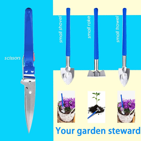 Set 10 Unelte de Gradina,  pentru Plantare Prelucrare Sol si Ingrijire Plante, Manere Albastre, Material PVC si Otel Inoxidabil, Cutie Inclusa, 37x28x7 cm, Negru