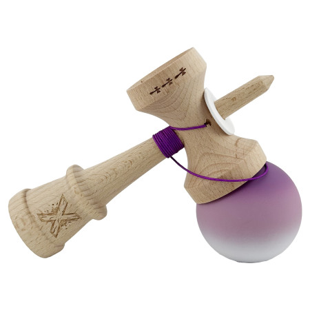 Kendama X Originala, Profesionala, Cyrax, Cupe Mari KING SIZE V3, Rubber Grip, Gaura in Baza, Rulment Metalic, din lemn 18 cm, Ata 62/65 cm, Gradient Mov/Alb