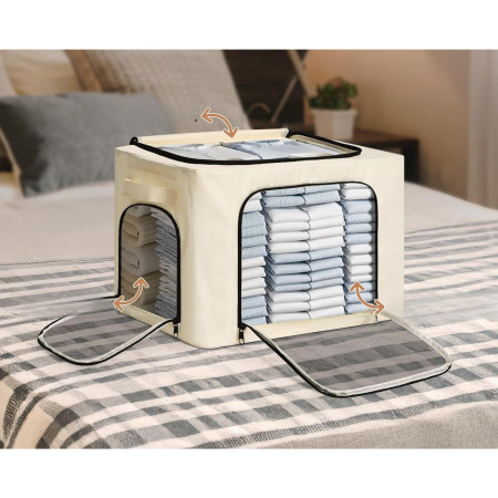 Cutie de Depozitare,  cu 3 Ferestre cu Fermoar Bidirectional, Cadru din Otel, Impermeabil, 38L, 42 x 30 x 30 cm, Bej
