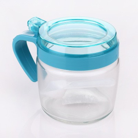 Recipient Condimente, Cyrax, din Stilca, 180 ml, cu Maner si Lingurita, 8 x 9 cm, Capac Transparent, Albastru
