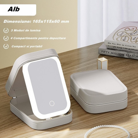 Portfard, Cyrax, Geanta Cosmetice, cu Oglinda LED, 3 Moduri de Lumina, Incarcare USB, Baterie 1200 mAh, pentru Organizarea Cosmeticelor, 4 Compartimente, Imitatie Piele, Alb, 16.5x11.5x6 cm