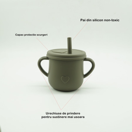 Set 8 piese diversificare bebelusi si copii din silicon Cyrax, baveta, farfurie compartimentata cu ventuza, bol cu ventuza, tacamuri din lemn si silicon, cana pentru gustari, fara alergeni, verde inchis