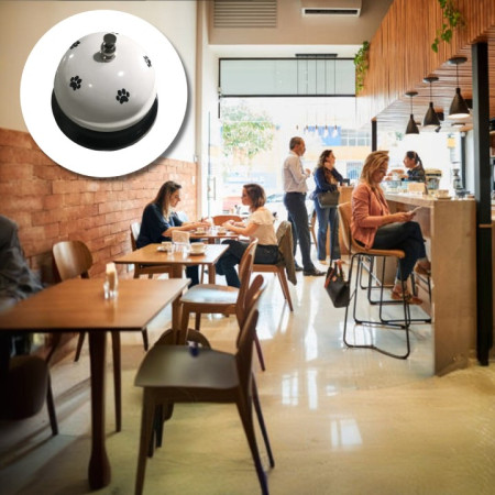 Clopotel Metalic Multifunctional,  Alb cu Imprimeu Labuta Neagra, 7.5x7.5x6.5 cm, Dresaj, Receptie, Restaurante
