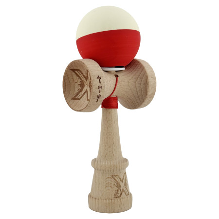Kendama X Originala, Profesionala, Cyrax, Rubber Grip, Cupe Mari KING SIZE V3, Gaura in Baza, Rulment Metalic, din lemn 18 cm, Ata 62/65 cm, Bicolor Galben/Rosu