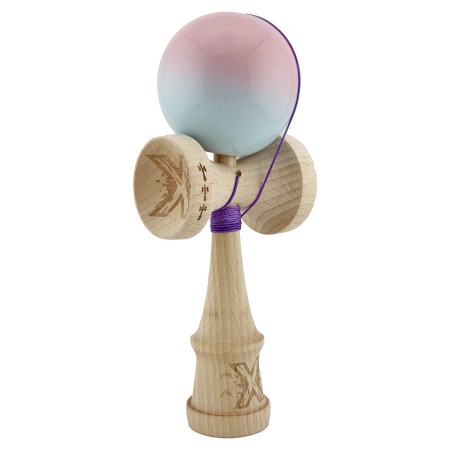 Kendama X Originala, Profesionala, Cyrax, Big Cups V2, Super Sticky cu Cupe Mari, din lemn 18 cm, Rulment Metalic cu Ata 55 cm, Roz/Albastru deschis