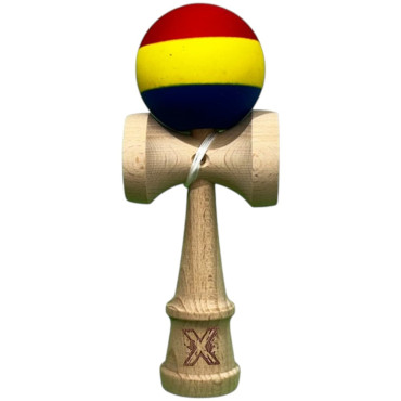 Kendama X Originala, Profesionala, Cyrax, din Lemn, Rubber Grip, 18 cm, Rosu/Galben/Albastru