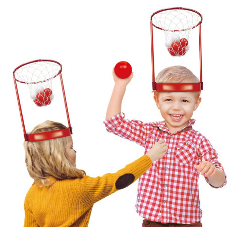 Set Interactiv pentru Copii, Cyrax, Joc cu Doua Cosuri de Baschet de Pus pe Cap, Joc Dublu, 20 de Mingi Albe si Rosii, Multicolor