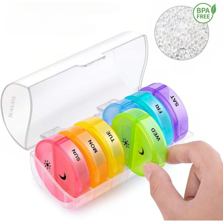 Cutie Depozitare Medicamente,  7 Zile, 14 Compartimente, Cutie Suport, Recipiente Detasabile, Portabila, Multicolor, 17.5x11x9.5 cm