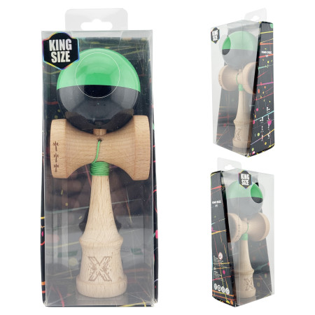 Kendama X Originala, Profesionala, Cyrax, Big Cups V2, Super Sticky cu Cupe Mari, Rulment Metalic, din lemn 18 cm, Ata 55 cm, Verde/Negru