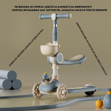Trotineta Multifunctionala 3 in 1, Cyrax, pentru Copii, 1-7 Ani, cu Lumini si Muzica, Reglabil 360, Pliere Usoara, Reglarea Inaltimii, Model Dinozaur, Bej/Albastru