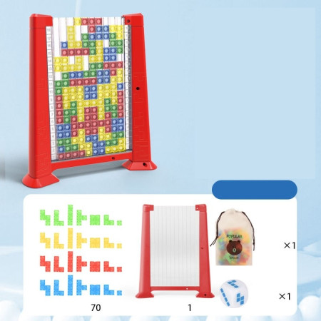 Joc de inteligenta Tetris puzzle tangram Cyrax, 70 de piese multicolore, 3D, montessori, interactiv, din plastic, zar inclus, sac depozitare piese, varsta peste 6 ani, 23 x 19.8 x 5 cm, cadru rosu