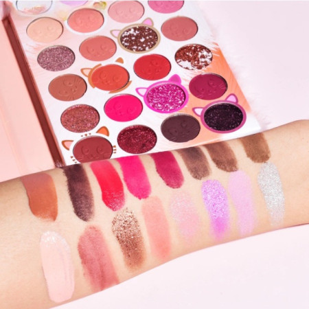 Set de Machiaj Kevin&Coco, 38 culori, Fard Ochi, Iluminatoare si Contouring, Husa Pufoasa, Model Pisicuta, 17.3x12.5x5 cm, Multicolor