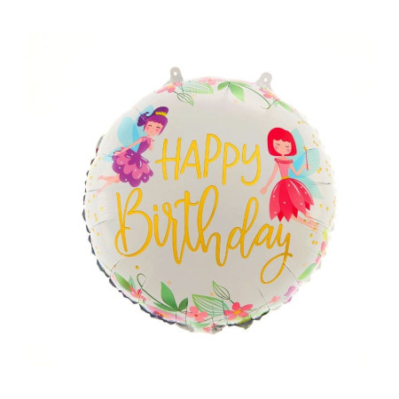 Balon din Folie Metalizata, Cyrax, Figurina Cerc, Model Happy Birthday cu Zane, Tematica Aniversare, 45 cm, Ambalaj Individual, Pai Inclus, Umflare cu Aer sau Heliu, Multicolor