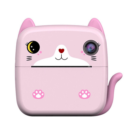 Camera Instantanee pentru Copii, Cyrax, cu Functie de Printare, Camera Frontala + Selfie, Cablu USB-C, Bluetooth, Compatibil iOS/Android, Imprimare APP, Model Pisica, Roz