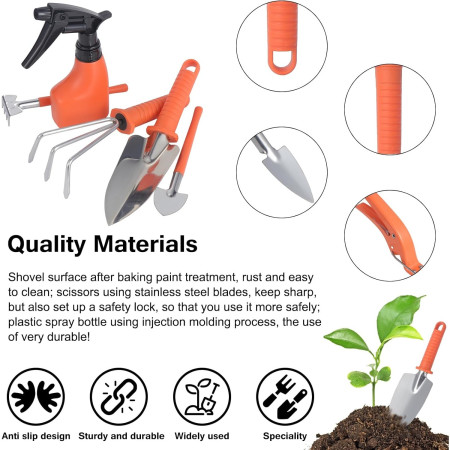 Set 10 Unelte de Gradina,  pentru Plantare Prelucrare Sol si Ingrijire Plante, Manere Portocalii, Material PVC si Otel Inoxidabil, Cutie Inclusa, 37x28x7 cm, Negru