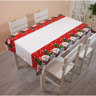 Fata de masa dreptunghiulara  PVC, 2.5 mm grosime, imprimeu Mos Craciun cu iepuras, potrivit pentru Craciun, utilizare multipla, 180 x 108 cm, alb