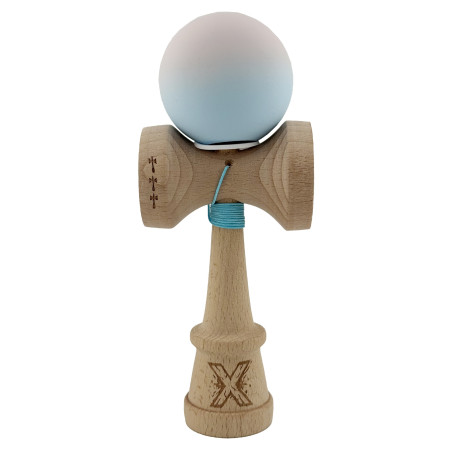 Kendama X Originala, Profesionala, Cyrax, Rubber Grip, Cupe Mari KING SIZE V3, Gaura in Baza, Rulment Metalic, din lemn 18 cm, Ata 62/65 cm, Gradient Lila/Turcoaz