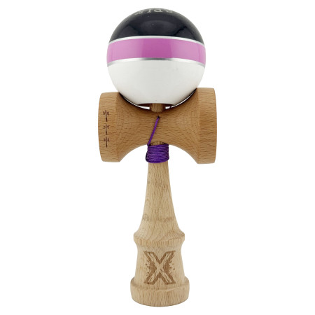 Kendama X ROYAL SPIKE Originala, Profesionala, Cyrax, Big Cups V2, Super Sticky cu Cupe Mari, Rulment Metalic, din lemn 18 cm, Ata 55 cm, Negru/Roz Silver/Alb