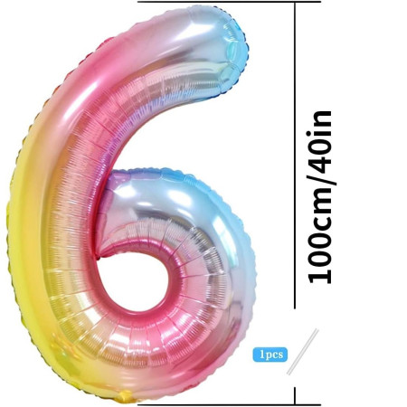 Balon din Folie Metalizata Gradient Cyrax, Figurina Cifra, Tema Aniversare 100 cm, Ambalaj Individual, Pai inclus, Umflare cu Aer sau Heliu, Multicolor, Cifra 6