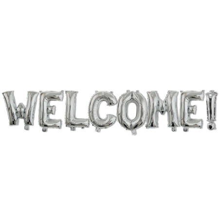 Set Baloane din Folie Metalizata, Cyrax, Model WELCOME!, Litere de 40 cm, Baloane Party, Ambalaj Individual, Pai Inclus, Umflare cu Aer sau Heliu, Argintiu