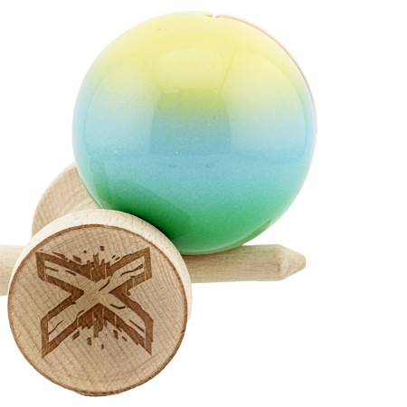 Kendama X Originala, Profesionala, Cyrax, Big Cups V2, Super Sticky Cupe Mari, Rulment Metalic cu Ata 55 cm, Galben/Albastru deschis/Verde