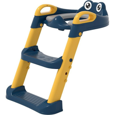 Reductor si Scaunel Inaltator WC, Cyrax, pentru Copii 1 - 7 Ani, 2 Trepte Reglabile, Pliabil, Colac Moale, cu Spatar si Manere, Inaltime 54/58 cm x 39.5 x 35 cm, din Plastic+PVC, Albastru/Portocaliu