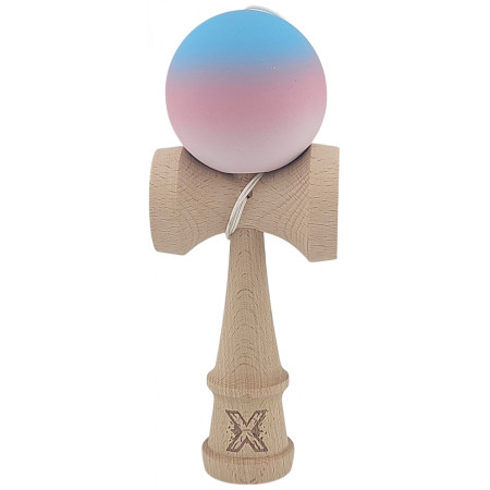 Kendama X Originala, Profesionala, Cyrax, din Lemn, Rubber Grip, 18 cm, Gradient Albastru/Roz/Alb