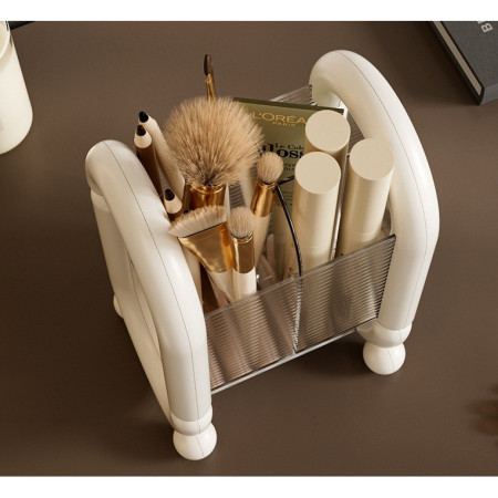 Cutie pentru Depozitare Cosmetice,  pentru Pensule, Creioane si Buretei, 4 Compartimente, din Plastic, 12 x 10 x 20 cm, Alb