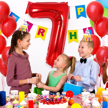 Balon din Folie Metalizata Cyrax, Figurina Cifra, Tema Aniversare 80 cm, Ambalaj Individual, Pai inclus, Umflare cu Aer sau Heliu, Rosu, Cifra 7