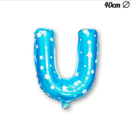 Balon Folie Metalizata Litera U, Cyrax, 40 cm, Cu Imprimeu Stelute, Umflati cu Heliu sau Aer, Ambalaj Individual, Pai inclus, Albastru