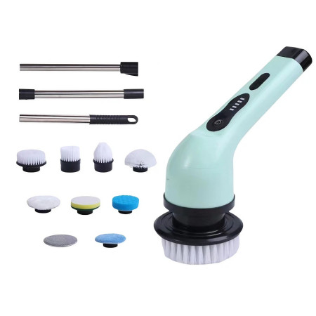 Perie Electrica de Curatare,  pentru Gresie, Baie, Bucatarie, 25x20x9.5 cm, cu 9 Capete, Maner Extensibil Detasabil 84-127cm, Incarcare USB-Type C, Rotire 360 de Grade, 3000 mAh, Culoare: Verde