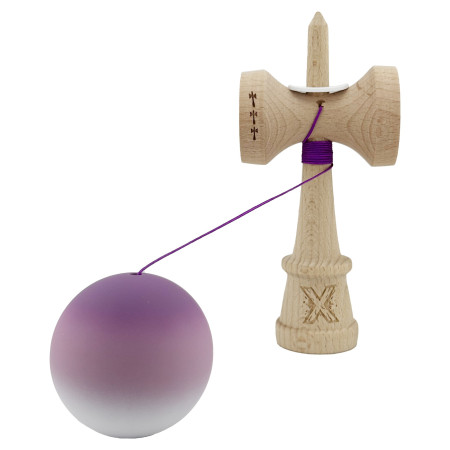 Kendama X Originala, Profesionala, Cyrax, Cupe Mari KING SIZE V3, Rubber Grip, Gaura in Baza, Rulment Metalic, din lemn 18 cm, Ata 62/65 cm, Gradient Mov/Alb