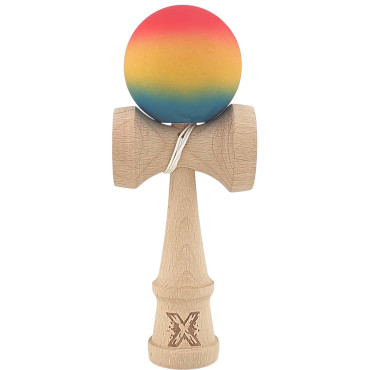 Kendama X Originala, Profesionala, Cyrax, din Lemn, Rubber Grip, 18 cm,Rosu/Galben/Albastru