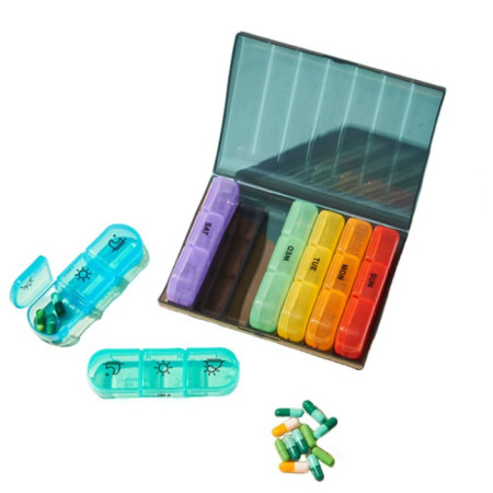 Cutie Depozitare Medicamente,  7 Zile, 21 Compartimente, Cutie Suport, Recipiente Detasabile, Portabila, Recipiente Colorate, Cutie Neagra, 15.6x12 cm