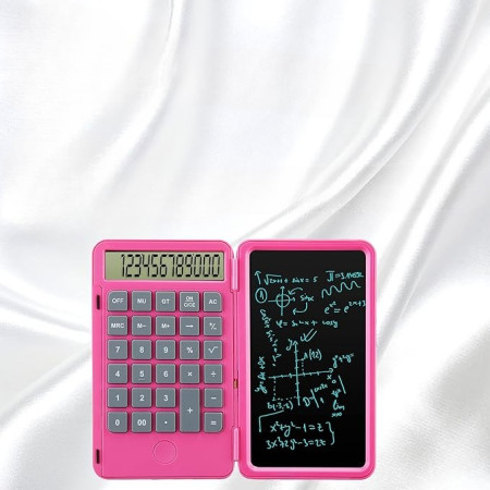 Calculator de Mana Reincarcabil cu Tabla de Scris,  Calculator Portabil, Ecran LCD, Afisaj cu 12 Cifre, Ecran de 15 cm, Culoare Roz