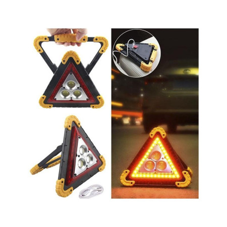 Triunghi Multifunctional de Avertizare,  Lanterna LED, Impermeabil IP65, 800 lm, 2 x AA, Functie Incarcare Telefon, USB si Micro USB, COB, Portocaliu