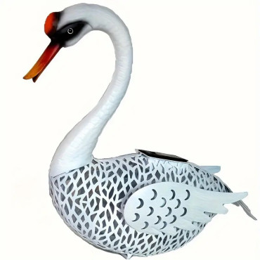 Decoratiune de Gradina cu Lampa solara,  Model Lebada, Iluminare Led si Incarcare Solara, 39.5 x 35.5 x 14 cm, din Fier, Alb