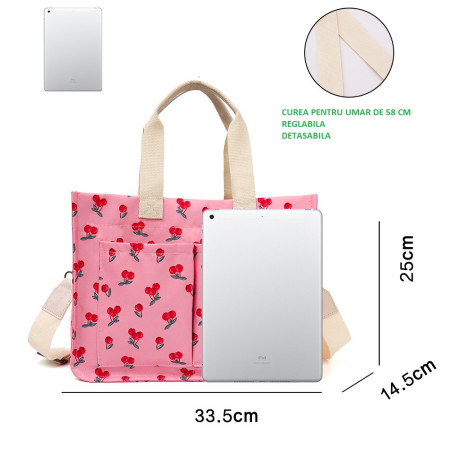 Geanta de Mana/Umar, Multifunctionala,  Inchidere cu Capsa, Imprimeu Cirese, Material Textil, 33.5 x 25 x 14.5 cm, Roz