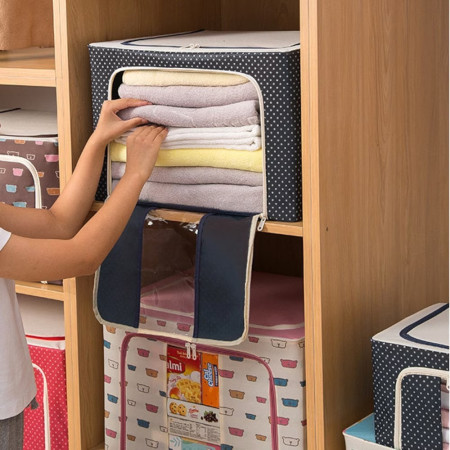 Cutie de Depozitare Pliabila,  Cu Fermoar, 66 L, Textil, 50 x 40 x 33 cm, Cadru Metalic, Suport Baza Stabil din Plastic, Imprimeu Buline, Albastru Marin