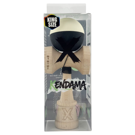 Kendama X Originala, Profesionala, Cyrax, Rubber Grip, Cupe Mari KING SIZE V3, Gaura in Baza, Rulment Metalic, din lemn 18 cm, Ata 62/65 cm, Bicolor Galben/Negru