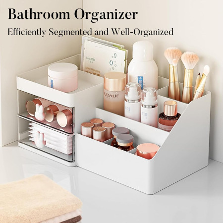 Cutie de Depozitare pentru Birou,  Pentru Makeup, Papetarie, Organizator Cosmetice, 2 Sertare si Compartimente Multiple, Model Iepuras, Plastic, 27.5x15.5x12 cm, Alb