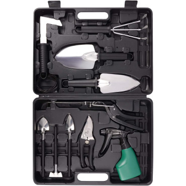 Set 10 Unelte de Gradina,  pentru Plantare Prelucrare Sol si Ingrijire Plante, Manere Negre, Material PVC si Otel Inoxidabil, Cutie Inclusa, 37x28x7 cm, Negru