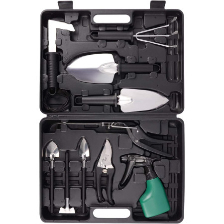 Set 10 Unelte de Gradina,  pentru Plantare Prelucrare Sol si Ingrijire Plante, Manere Negre, Material PVC si Otel Inoxidabil, Cutie Inclusa, 37x28x7 cm, Negru