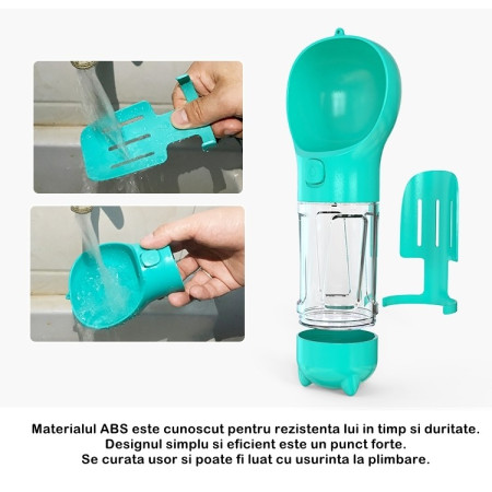 Sticla portabila 4 in 1  pentru caini si pisici, cu 3 compartimente + lopetica, 300ml, apa, hrana, pungi igienice, lopetica, 26.7 x 9.7 x 9.4 cm, turcoaz