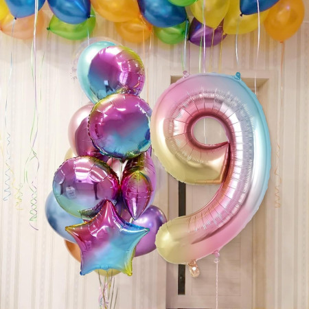 Balon din Folie Metalizata Gradient Cyrax, Figurina Cifra, Tema Aniversare 100 cm, Ambalaj Individual, Pai inclus, Umflare cu Aer sau Heliu, Multicolor, Cifra 9