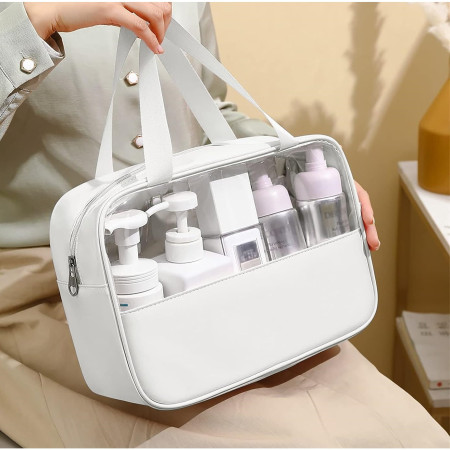 Geanta cosmetice Cyrax, pentru voiaj sau organizare, material PVC/textil, impermeabila, portabila, 30x12x21 cm, alb