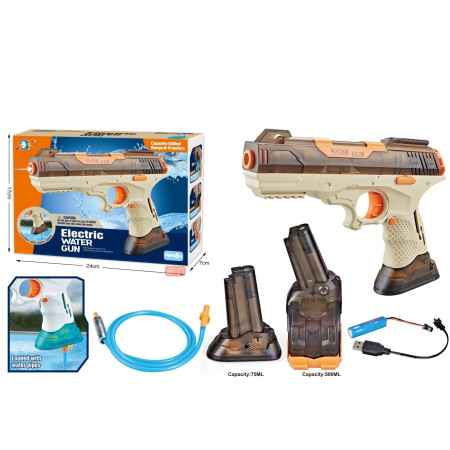 Pistol cu Apa Electric, Cyrax, 2 Rezervoare 75/350 ml, din ABS+Silicon, Baterie, Incarcare USB, Conectare la Furtun, +6 Ani, Maro