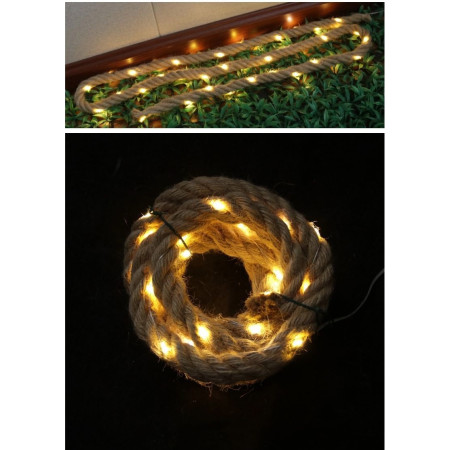 Instalatie Luminoasa,  cu Fir de Cupru, 2 m, 40 LED-uri, Model Sfoara de Canepa, cu Baterii, IP44, Alb Cald